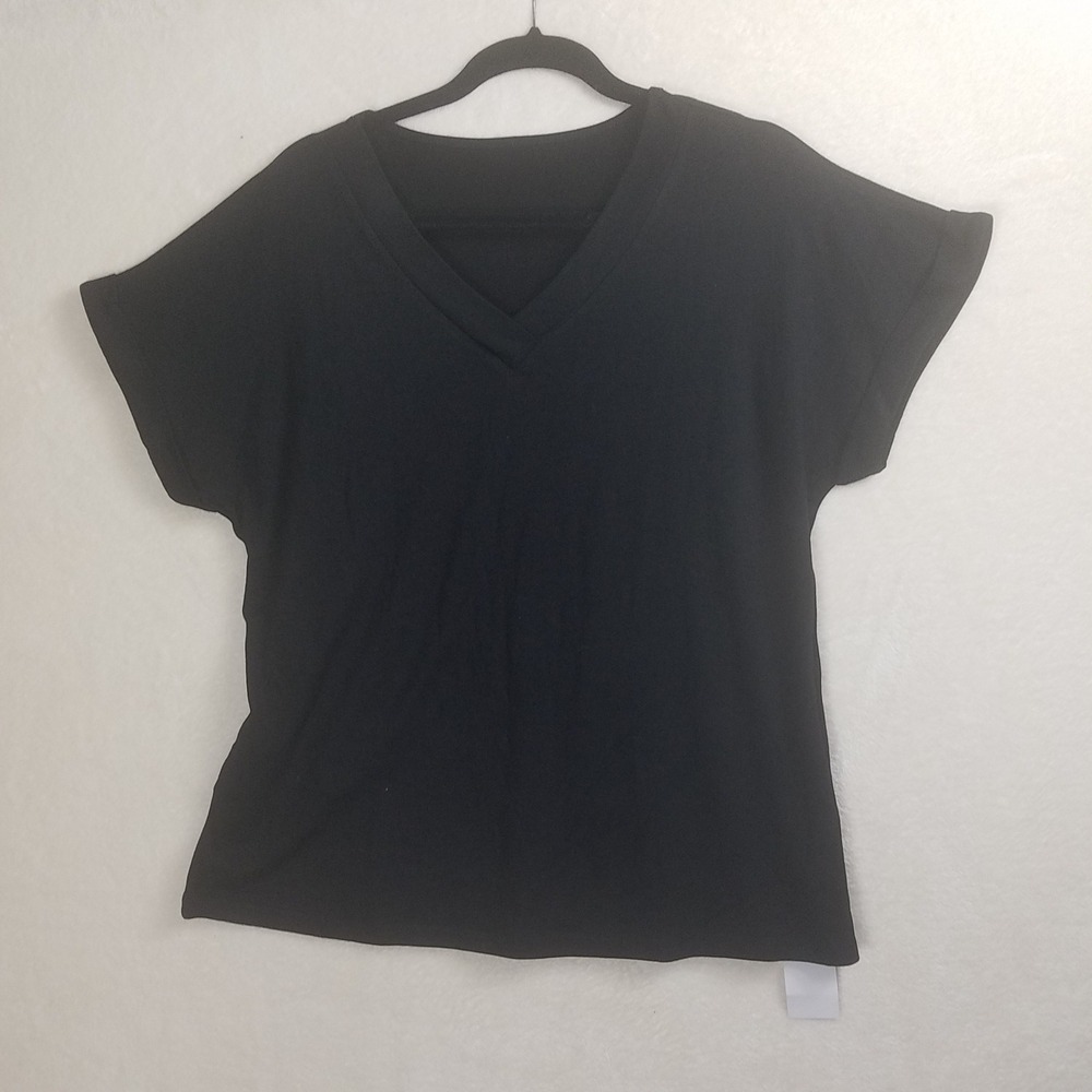 EyMuse V-Neck Tee Women Large Black New Cuffed Short Sleeve Relaxed Fit QCM002
